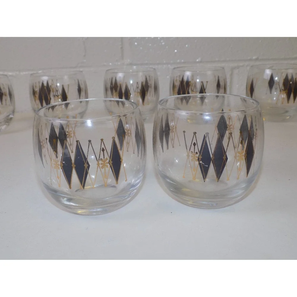 Federal Glass Harlequin Roly Poly Glasses Caddy Set MCM Atomic Barware 9 Pc